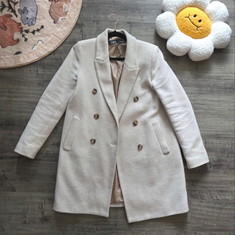 Zara Cream Double-Breasted Pea Coat